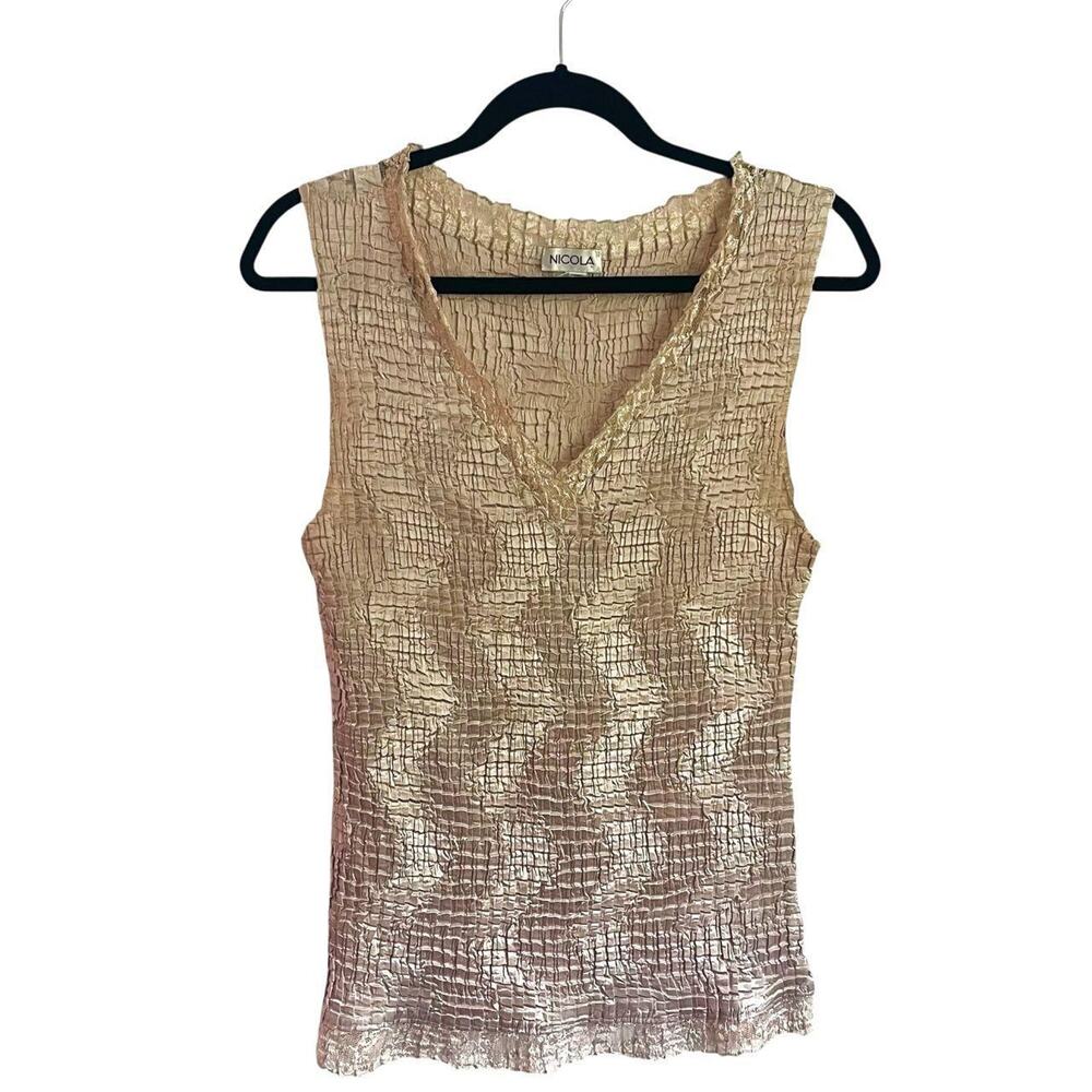 Nicola Shiny Beige Zig-Zag Tank Top: 90s, Y2K